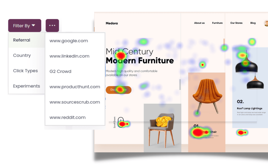 Segment heatmaps by traffic source, geolocation or A/B testing experiments